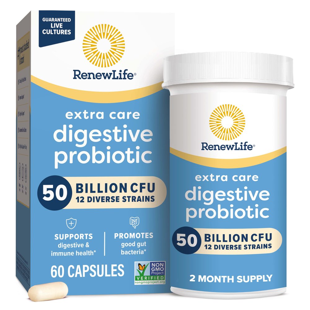 Renew Life Extra Care Digestive Probiotic Capsules, 50 Billion CFU Guaranteed, Daily Supplement Supports Immune, Digestive, Respiratory Health(1), L. Rhamnosus GG, Dairy, Soy and Gluten-Free, 60 Count