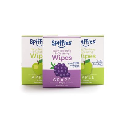 Spiffies Baby Teeth Wipes - Apple & Grape Flavor Variety, Xylitol-Enriched Baby Gum Cleaner & Dental Wipes for Teething Relief and Teeth Cleaning - Safe for Infants & Toddlers, 20 Count (Pack of 3)