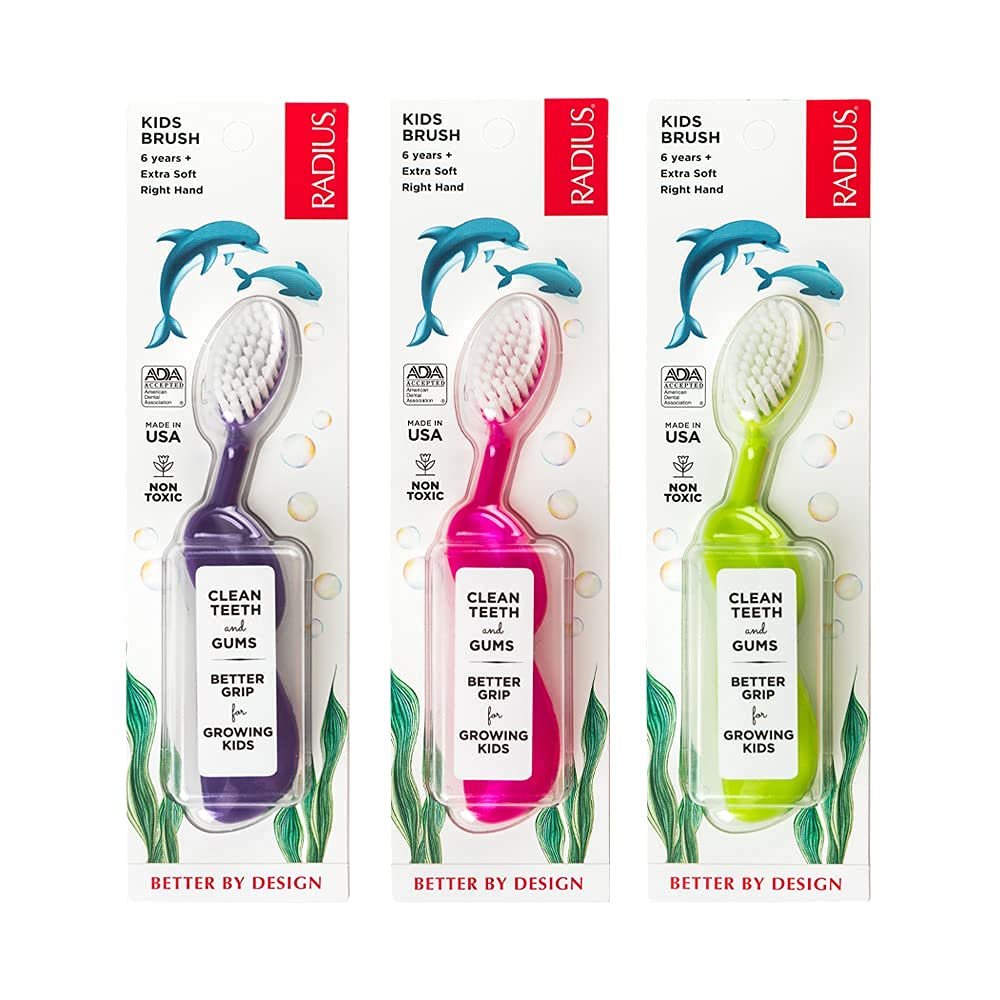 RADIUS Kidz Toothbrush Children's Right Hand BPA Free ADA Accepted Designed to Clean Teeth & Gums for Children 6 Years & Up - Pink Purple Green - Pack of 3