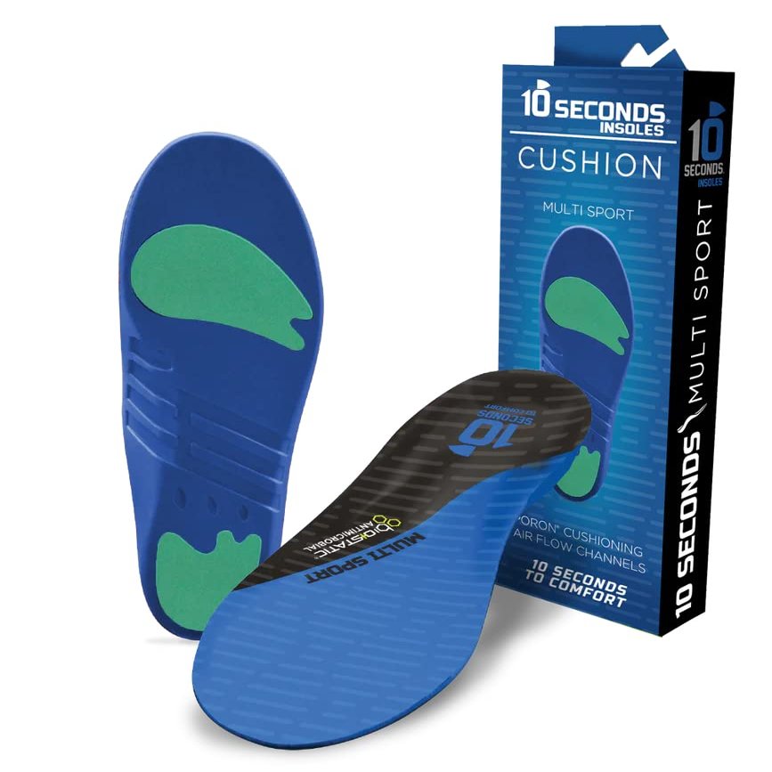 10 Seconds 3100 Multi-Sport Cushion Athletic Running Insoles, Neutral Arch, Soft Support, Reduces Soreness, Fits Most Footwear, Deep Heel Cup, Poron Strike Pads, Airflow Channel (M 5.5-7/W 7-8.5)