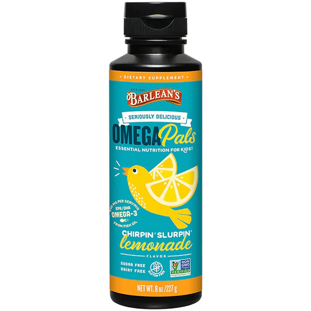 Barlean's Omega Pals Chirpin' Slurpin' Lemonade Flavored Omega-3 for Kids, Yummy Children's Liquid Fish Oil Supplement with 540 mg of EPA and DHA Fatty Acid for Brain & Eye Health, 8 oz