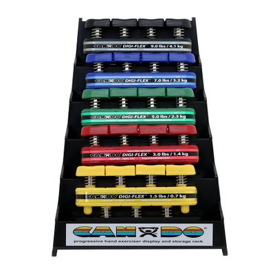 CanDo Digi-Flex Hand and Finger Exerciser 5 Piece Set X-Light - X-Heavy Resistance with Plastic Storage Rack- For Dexterity, Strength, and Flexibility for Fingers, Hands, and Forearms
