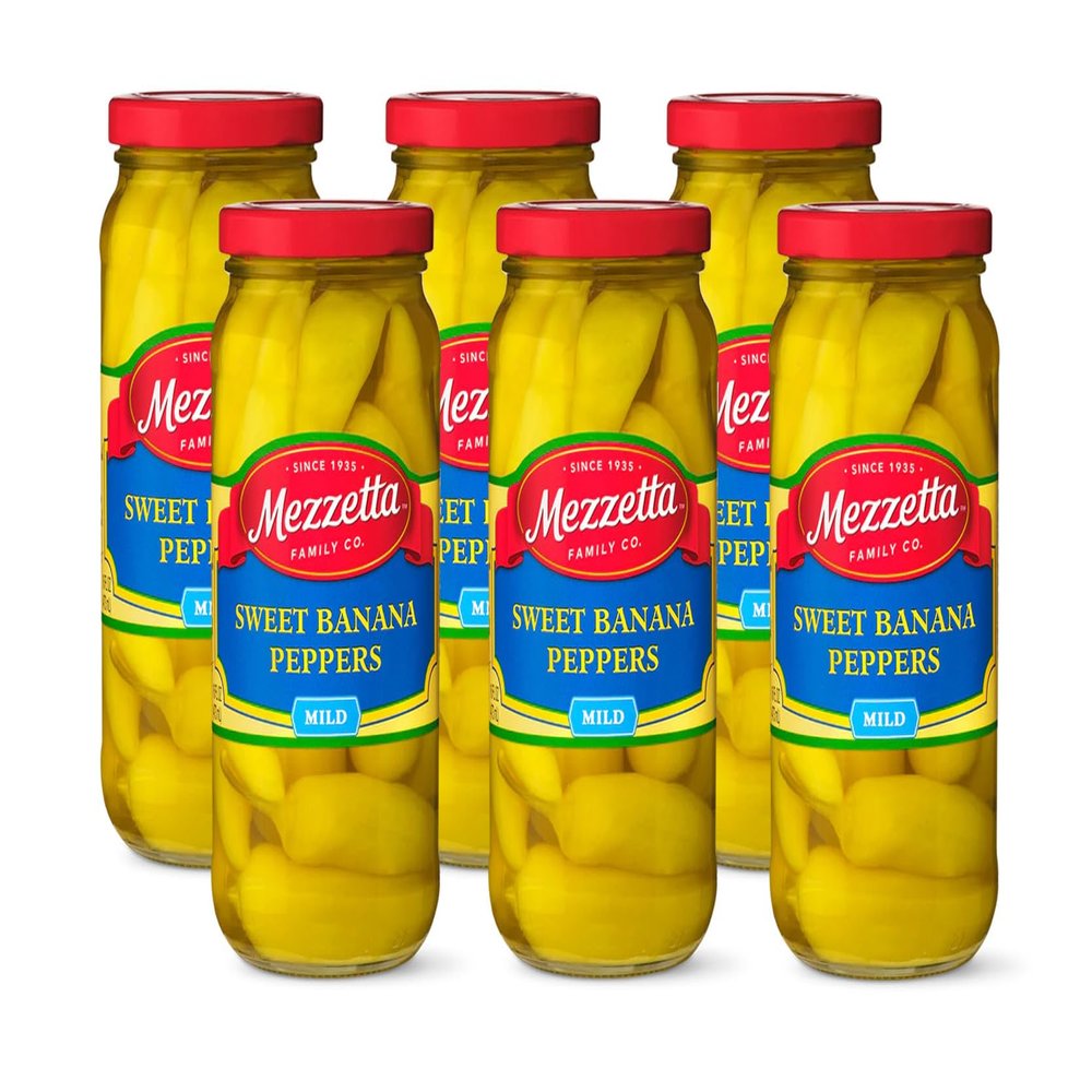 Mezzetta Sweet Banana Peppers - Sweet & Crunchy Peperoncini Alternative for Hamburgers, Hot Dogs, Sandwiches - Perfect for Boosting Flavor in Dishes - Gluten Free, Keto, Kosher - 16 OZ - Pack of 6