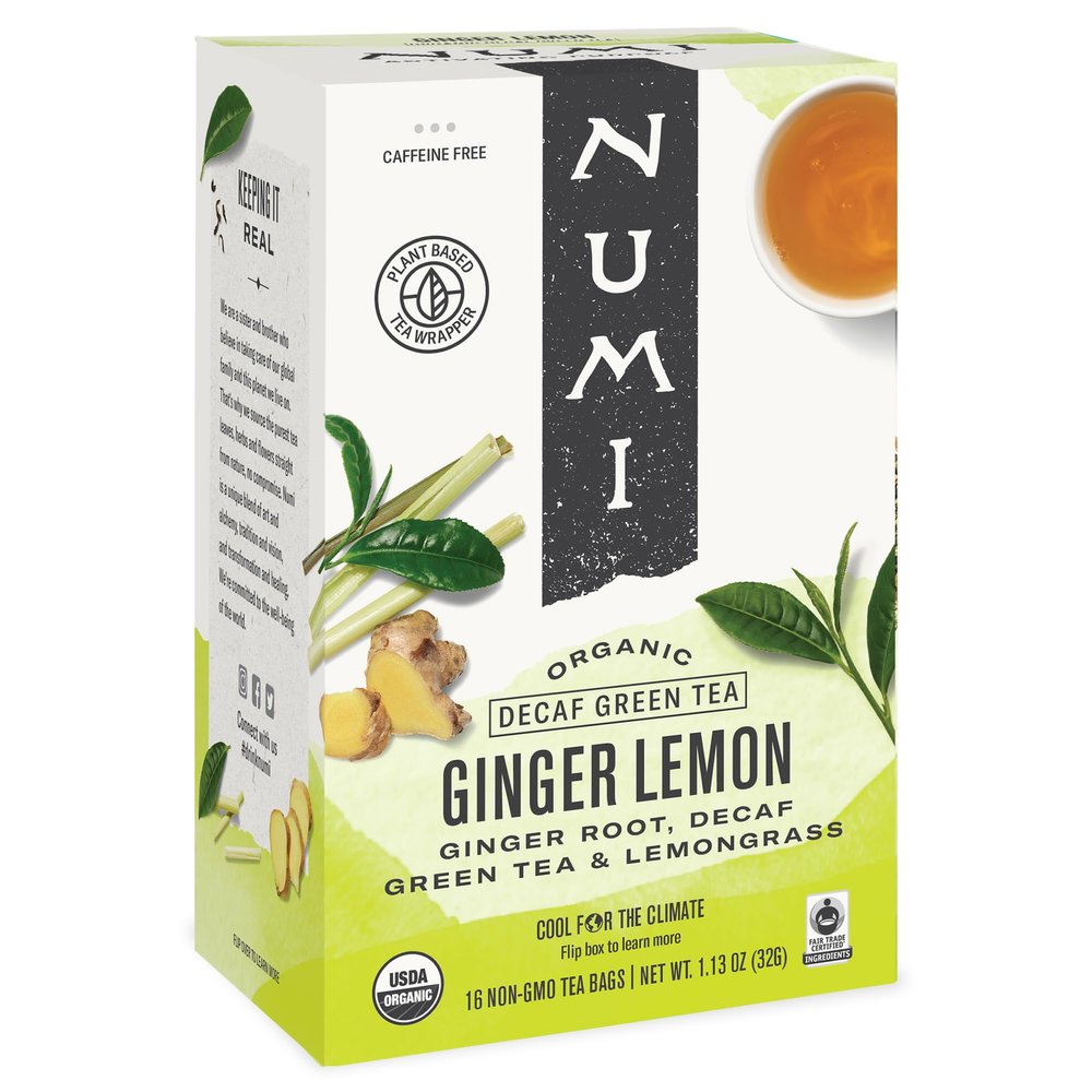 Numi Organic Ginger Lemon Decaf Tea, 16 Green Tea Bags with Ginger Root and Lemongrass