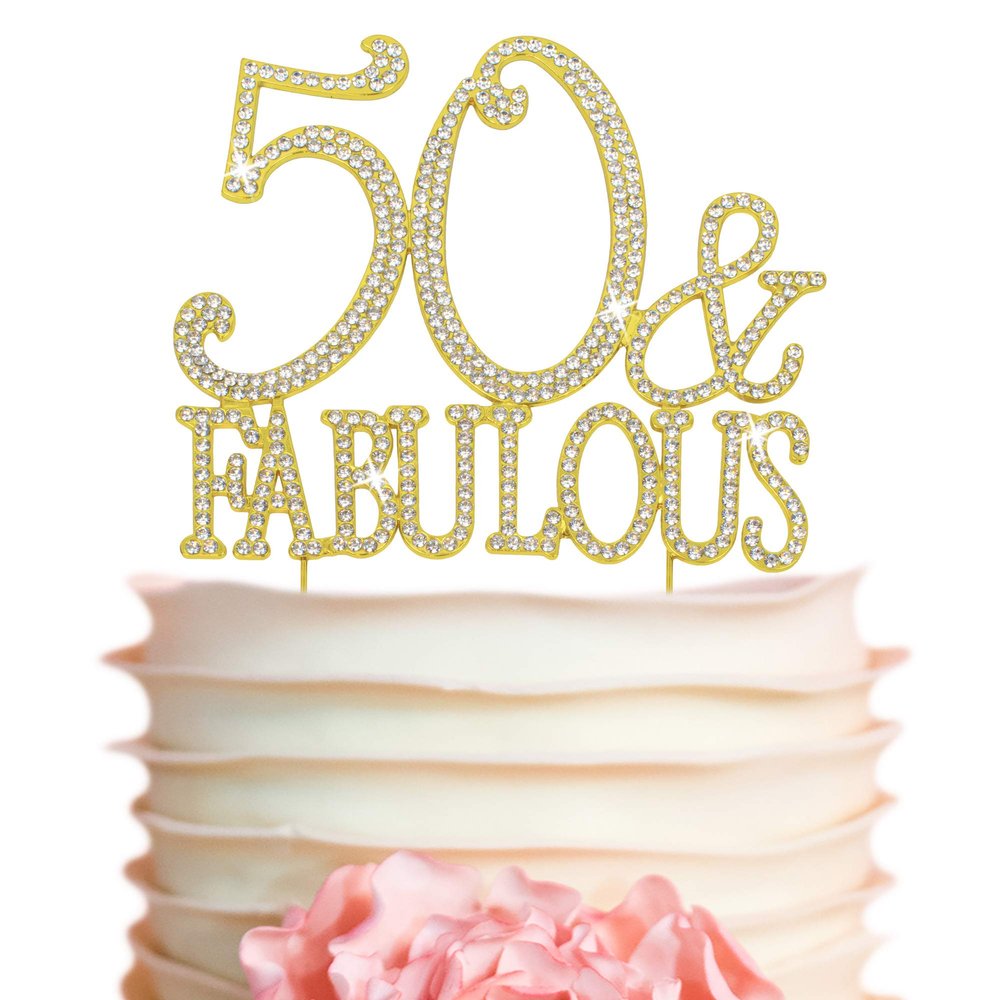 50 Cake Topper - Premium Gold Metal - 50 and Fabulous - 50th Birthday Party Sparkly Rhinestone Decoration Makes a Great Centerpiece - Now Protected in a Box
