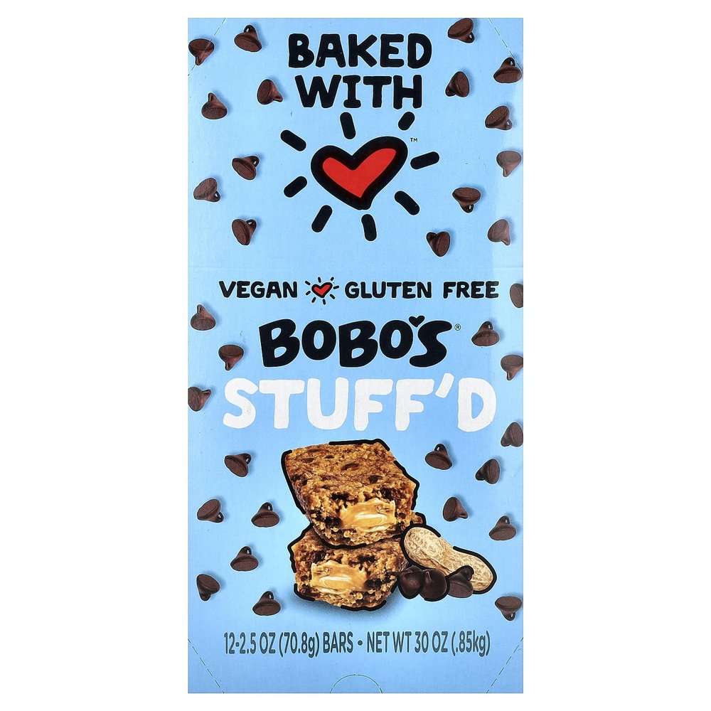 Bobos Stuffd Oat Bar, Chocolate Chip Peanut Butter, 2.5 Oz. Bar (12 pack), Whole Grain Snack & Protein Bar. Great Tasting & On-The-Go-Snack. Gluten Free, Non-GMO, Vegan, Kosher, and Soy Free.