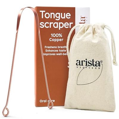 Arista Copper Tongue Scraper for Adults & Kids  100% Pure Copper Tongue Cleaner  Extreme Bad Breath Treatment for Adults, Oral Detox & Hygiene  1 Pack with Travel Pouch
