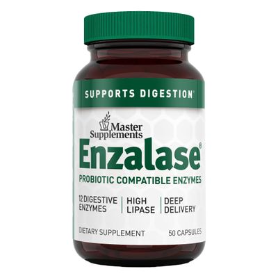 Master Supplements Enzalase - 50 Capsules - Probiotic Compatible Enzymes - Provides Digestive Boost + Gas & Bloating Relief - Gluten Free - 50 Servings