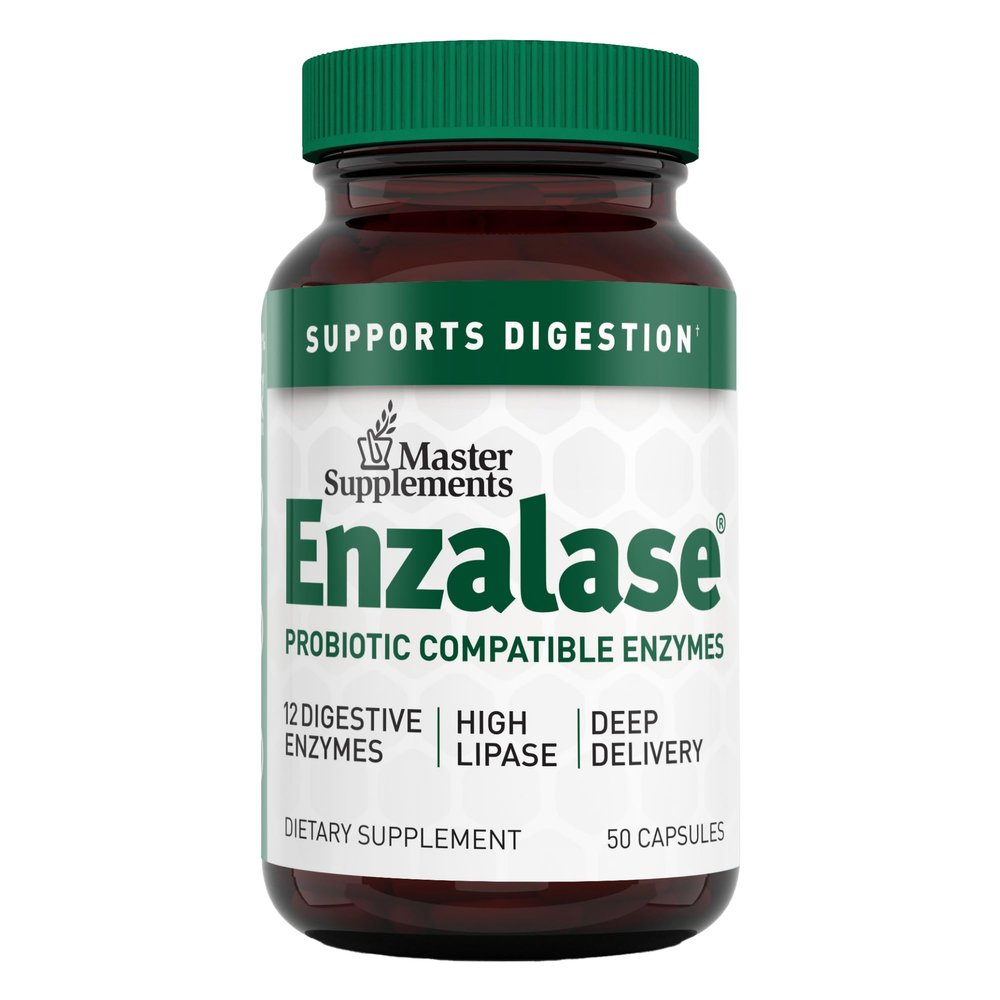 Master Supplements Enzalase - 50 Capsules - Probiotic Compatible Enzymes - Provides Digestive Boost + Gas & Bloating Relief - Gluten Free - 50 Servings