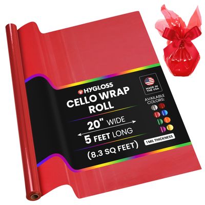 Hygloss Products Cellophane Roll  Cellophane Wrap for Crafts, Gifts, and Baskets 20 Inch x 5 Feet, Red