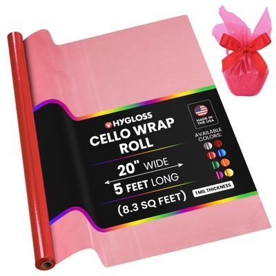 Hygloss Products Cellophane Roll  Cellophane Wrap for Crafts, Gifts, and Baskets 20 Inch x 5 Feet, Pink