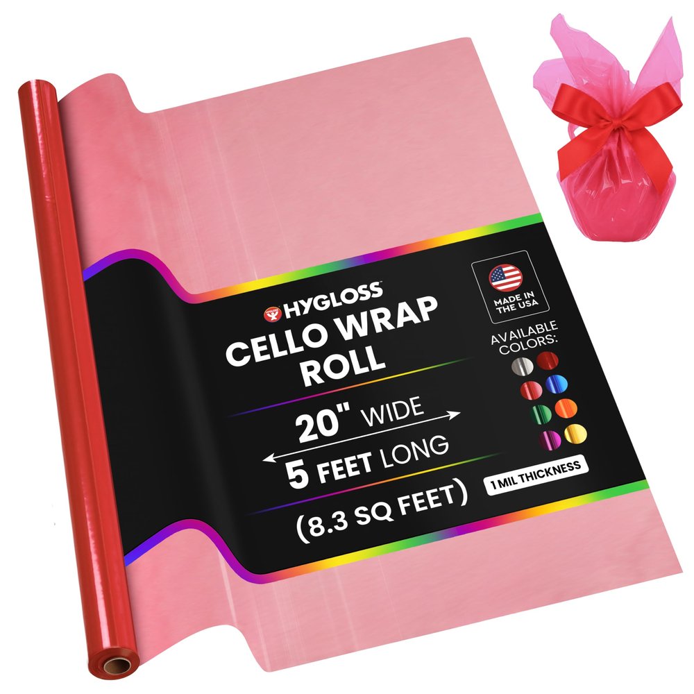 Hygloss Products Cellophane Roll  Cellophane Wrap for Crafts, Gifts, and Baskets 20 Inch x 5 Feet, Pink