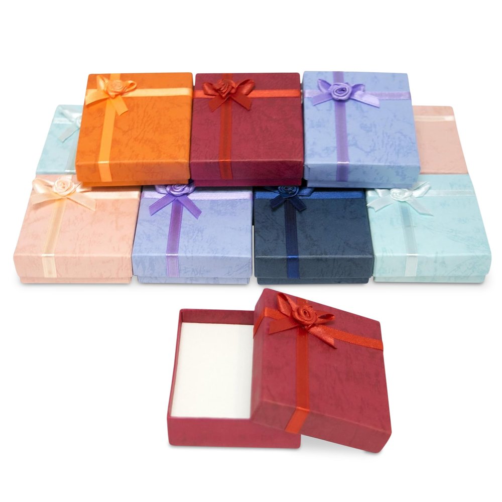 Novel Box 12 Pack Cardboard Jewelry Boxes for Pendants 2.5x2.8x0.75 Inches - Pendant Gift Box with Rosebug Bows - Pendants Holder Cases for Weddings & Special Occasions in Assorted Colors