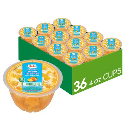 Dole Fruit Bowls Diced Peaches in 100% Juice Snacks, 4oz 36 Total Cups, Gluten & Dairy Free, Bulk Lunch Snacks for Kids & Adults