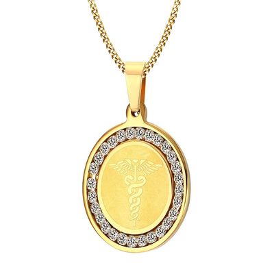 AMOZO JEWELRY Free Engraving Medical Alert Stainless Steel Necklace with Round Cubic Zircon Pendant for Men and Women