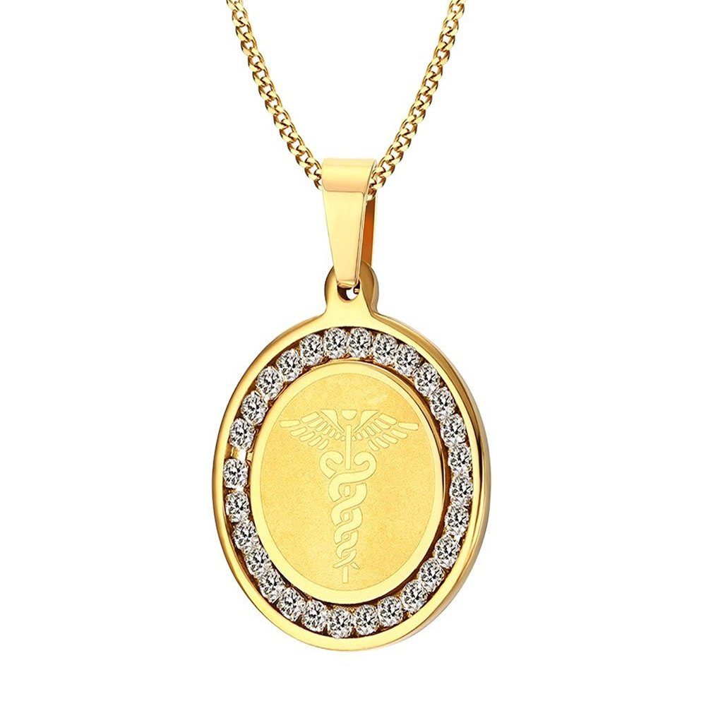 AMOZO JEWELRY Free Engraving Medical Alert Stainless Steel Necklace with Round Cubic Zircon Pendant for Men and Women
