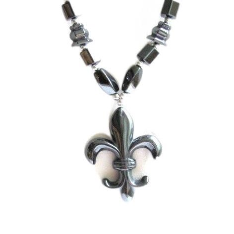 Gifts by Lulee, LLC Healing Hematite Necklace with Big Fleur De Lis Pendant Hematite Improves Blood Circulation