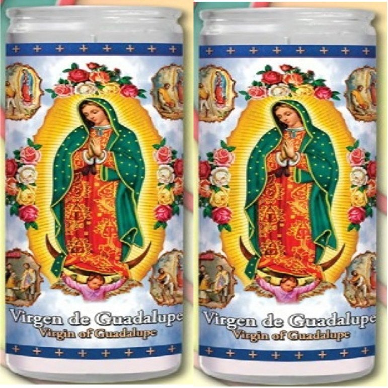 Gifts by Lulee, LLC Senora de Guadalupe Set de 2 Veladoras con Postal de rezo bendita por el Papa Francisco
