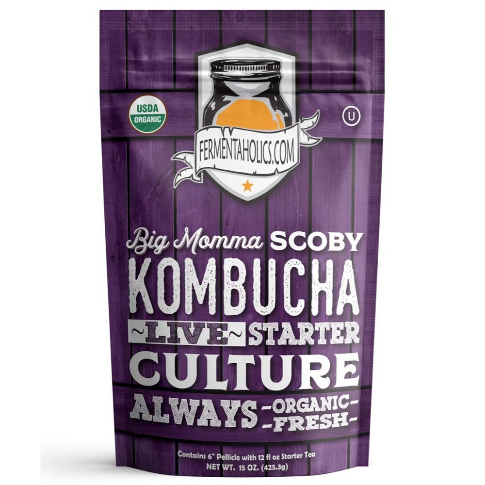 Fermentaholics BIG MOMMA Kombucha SCOBY 12 fl o z 6" Pellicle + 12 oz Starter Tea Organic Kombucha Culture Makes 1 Gallon