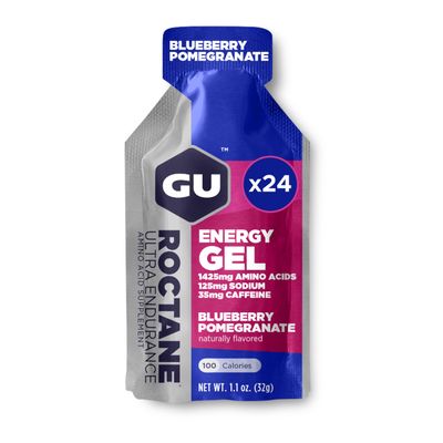 GU Energy Roctane Ultra Endurance Energy Gel, Vegan, Gluten-Free, Kosher, and Dairy-Free On-The-Go Sports Nutrition for Running, Biking, Hiking or Skiing, Blueberry Pomegranate, 24-Count