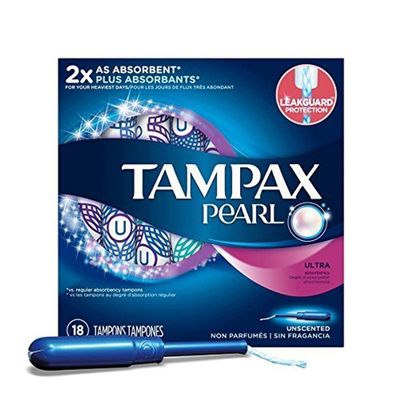 Tampax Pearl Plastic Unscented Tampons, Ultra Absorbency, 18 Count (Pack of 1)