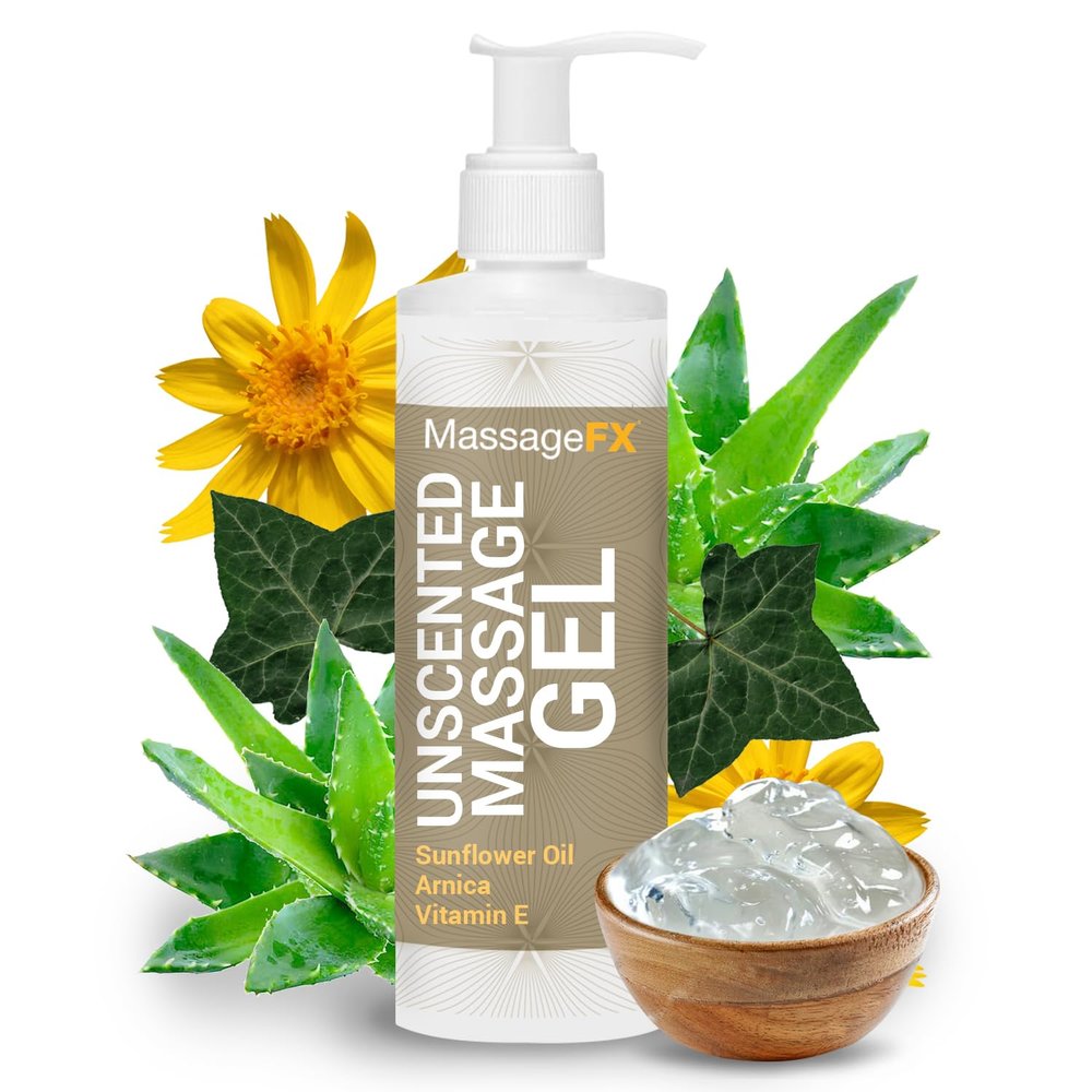 Massage Gel by Massage FX - 100% Pure Jojoba & Sunflower Seed Oil - Herbal Extracts Ivy, Arnica & Aloe - Unscented - Max Workability & Glide - Perfect for Full Body Massages - Paraben Free - 8 Ounce