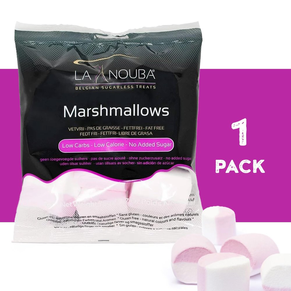 La Nouba Sugar-Free Marshmallows  2.7 oz. Pack  Low Calorie, Low Carb, Fat-Free and Gluten Free Snack  Traditional Delicious Taste  All Natural and Healthy Marshmallows