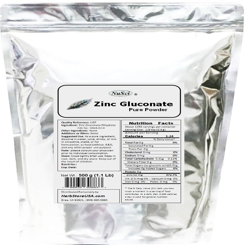 NuSci Zinc Gluconate Powder Pure Supports Enzyme Functions (500 Grams (1.1 lb))
