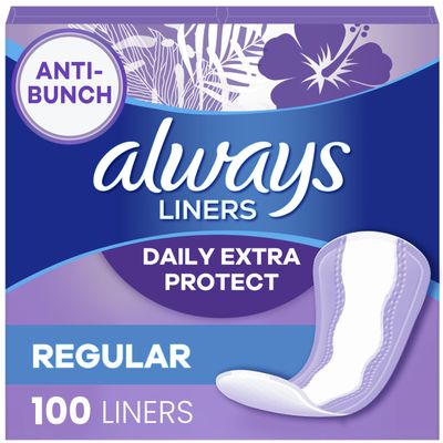 Always Anti-Bunch Xtra Protection, Panty Liners For Women, Light Absorbency, Regular Length, Leakguard + Rapiddry, Unsented, 100 Count (Packaging May Vary)