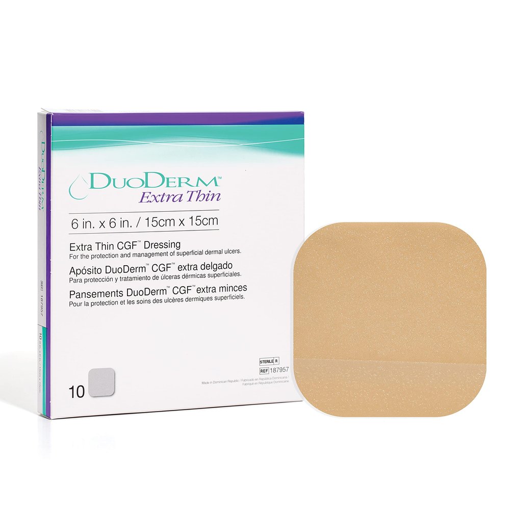 ConvaTec DuoDERM Extra Thin Control Gel Formula 6"x6" Hydrocolloid Sterile Adhesive Dressing for Superficial Wounds, Low Friction, Latex-Free, Waterproof, Square, Beige, 10ct Box
