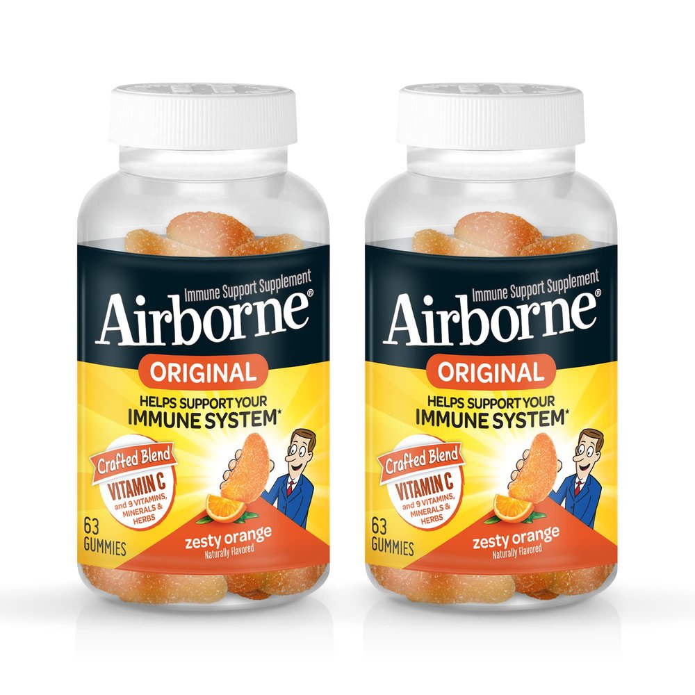 Airborne 750mg Vitamin C Immune Support Supplement Gummies for Adults, Zesty Orange Flavor, Gluten Free Crafted Blend with Powerful Antioxidants Vitamins A C & E, 63 Gummies (2 Pack)