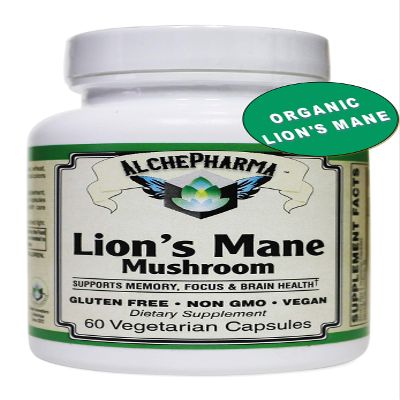 AlchePharma Lion's Mane Mushroom (Organic) 55% Polysaccharides Vegan 60 Vcaps 500 mg. per Capsule