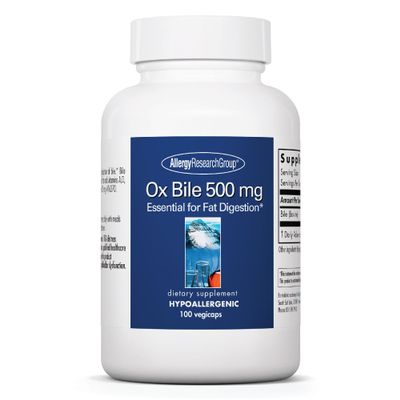 ARG Ox Bile 500 mg - Supports Fat Digestion - Delivers 500 mg Concentrated Bile Salts per Serving - Hypoallergenic & Vegetarian - 100 Servings - 100 Capsules