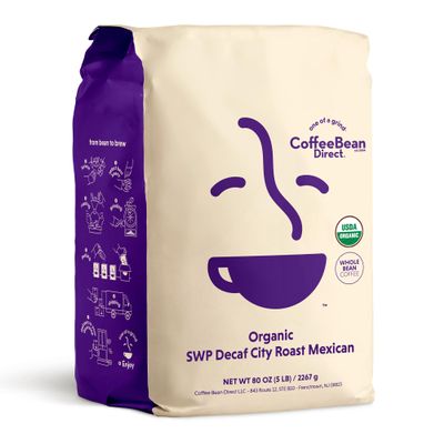 Coffee Bean Direct Organic Swiss Water Process Mexican Chiapas, Whole Bean Coffee, City Roast, 5 Pound Bag (Pack of 1)