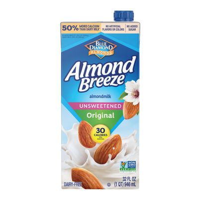 Blue Diamond Almonds Breeze Dairy Free Almondmilk, 32, Unsweetened Original, 384 Fl Oz (Pack of 12)