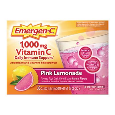 Emergen-C 1000mg Vitamin C Immune Support Powder Pink Lemonade 30CT includes Zinc, Manganese, 7 B Vitamins and Electrolytes for Back to School Essentials