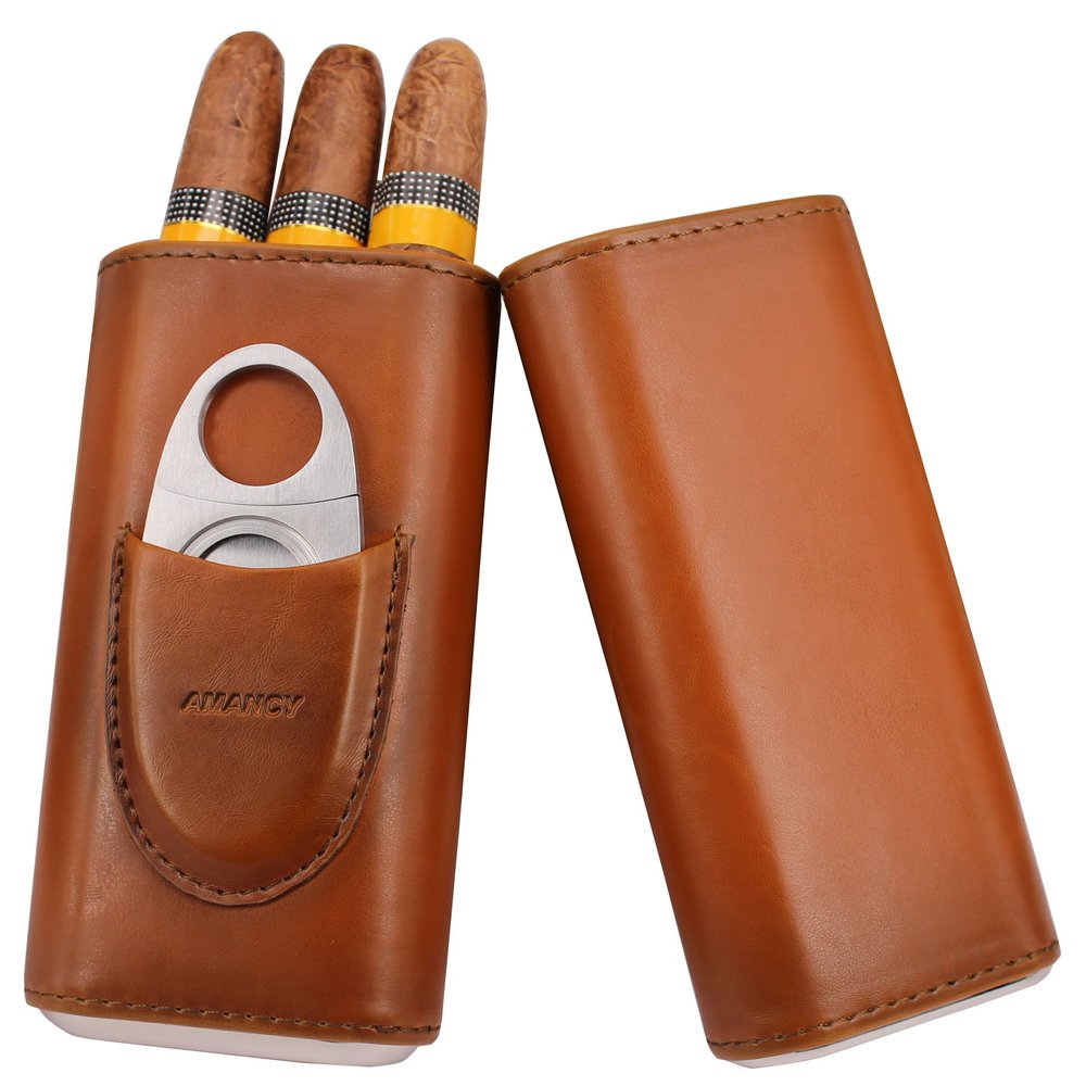 AMANCY Premium 3- Finger Brown Leather Cigar Case, Cedar Wood Lined Cigar Humidor with Silver Stainless Steel Cutter