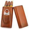 AMANCY Premium 3- Finger Brown Leather Cigar Case, Cedar Wood Lined Cigar Humidor with Silver Stainless Steel Cutter view 1