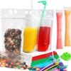 100Pcs double zip pouches drink Bags with 100 Straws,&30 Popsicle Bags Heavy-duty Handheld Foldable Ice Beverage Bags for Smoothies, Cold & Hot Drinks view 1