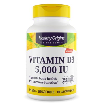 Healthy Origins Vitamin D3 5,000 IU (Non-GMO, High Potency, Bone Support, Immune Support, Gluten Free), 120 Softgels