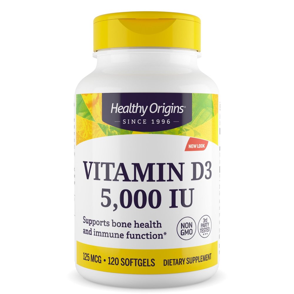 Healthy Origins Vitamin D3 5,000 IU (Non-GMO, High Potency, Bone Support, Immune Support, Gluten Free), 120 Softgels