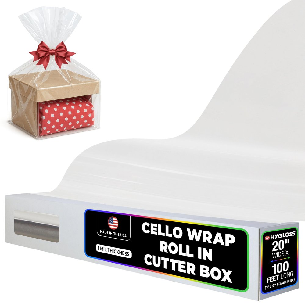 Hygloss Products Cellophane Roll  Cello Wrap in Easy Cutter Box for Crafts, Gifts, and Baskets - 20 Inches x 100 Feet, Clear