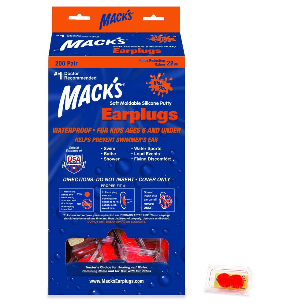 Macks Soft Moldable Silicone Putty Earplugs - Kids Size, 200 Pair Dispenser  Comfortable Small Ear Plugs for Swimming, Bathing, Travel, Loud Events and Flying | Made in USA