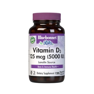 Bluebonnet Vitamin D3 5000 IU 125 mcg - Strong Bones & Immune Support Supplement for Women & Men* Soy-Free, Gluten-Free, Non-GMO, Vegetarian - Highly Absorbable Vitamin D - 120 Veggie Capsules