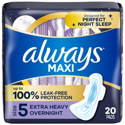 Always Maxi Feminine Pads For Women, Size 5 Extra Heavy Overnight Absorbency, With Wings, Unscented, Pack Of 20
