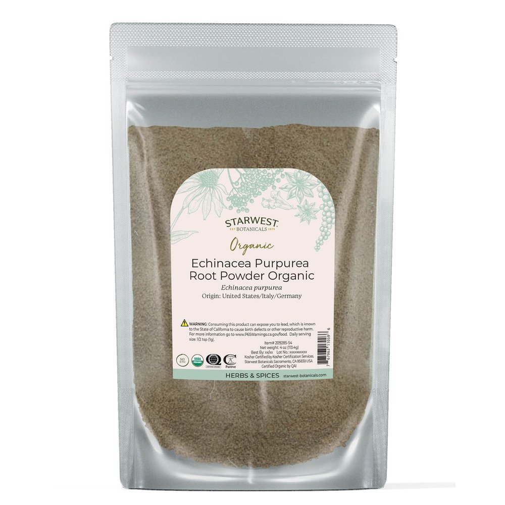 Starwest Botanicals Dried Echinacea Purpurea Root Powder Organic - Loose Herb for Tea, Tinctures, & Natural Herbal Blends, Pure Purple Coneflower, Certified Kosher, Non-GMO - 4 oz Pouch