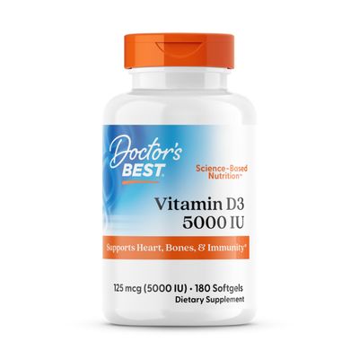 Doctor's Best Vitamin D3 5000IU, Non-GMO, Gluten & Soy Free, Regulates Immune Function, Supports Healthy Bones, White, No Flavour, 180 Count