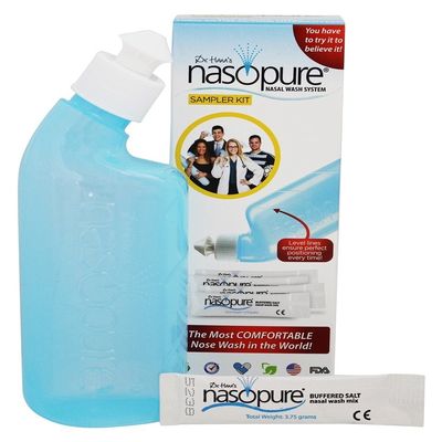 Nasopure Nasal Wash, Sampler Kit, The Nicer Neti Pot Sinus Wash Kit, Comfortable Nasal Rinse 8 Oz Bottle & 4 Salt Packets (3.75 Grams Each), Nasal Congestion, Cold, Flu, Allergy, Nasal Irrigation
