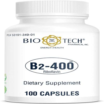 Bio-Tech Pharmacal B2-400, 100 Capsules  All-Natural Supplement  Supports Clarity and Productivity  No Dairy, Fish, Gluten, Peanut, Shellfish, GMOS, & Soy  No Artificial Colors
