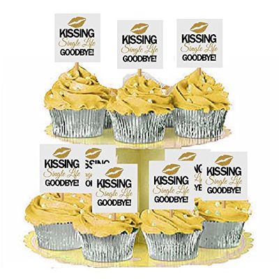12 Bachelorette Bridal Wedding Shower Party Kissing Single Life GoodBye Cupcake Fruit Appetizer Decoration Topper Picks (Gold)